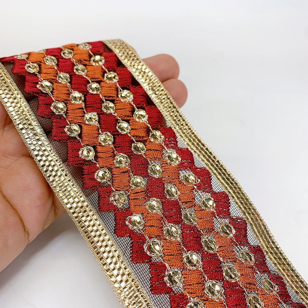 65mm Designer Embroidery Lace With Sequins Work, shown on white cotton