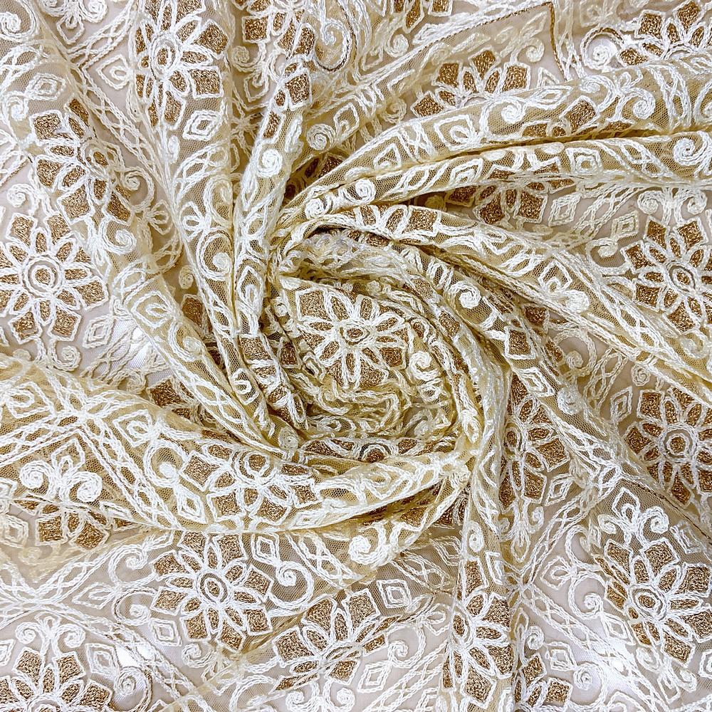 Dori Embroidery Work On Net Fabric, shown on white cotton