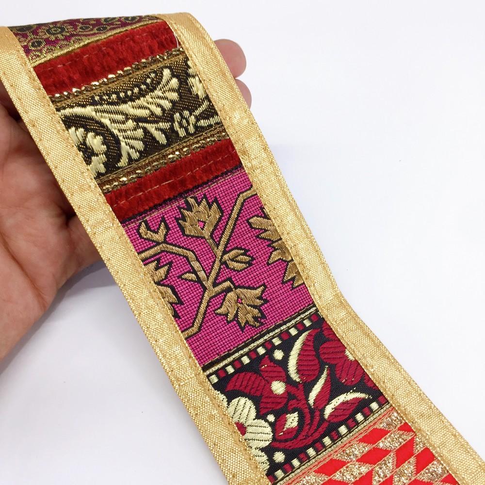 70mm Mix Khichdi Multicolour Jacquard Lace, shown on white cotton