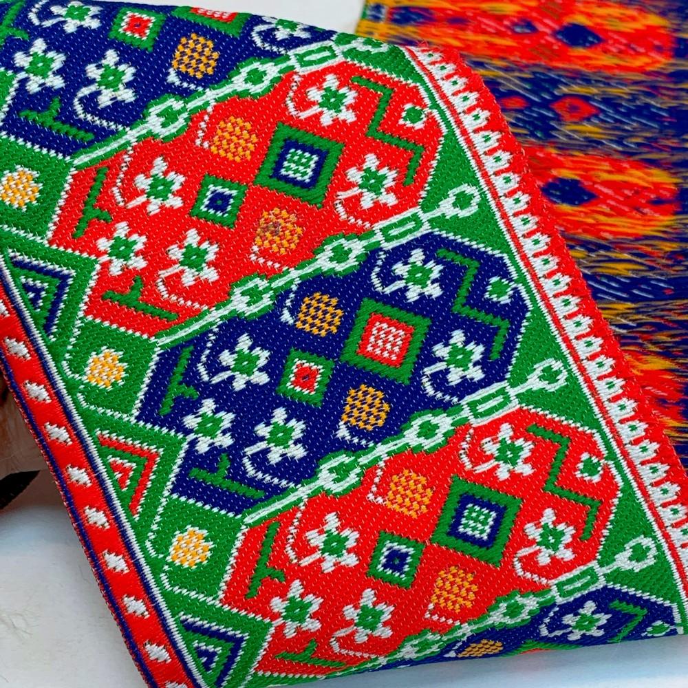 100mm Colorful Cross stich Jacquard Lace, shown on white cotton