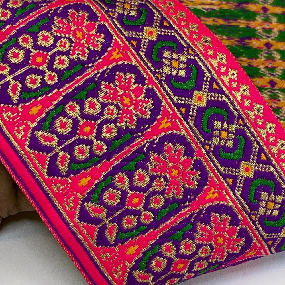 96 mm Colorful Cross stitch Jacquard Lace With Jari Work, shown on white cotton