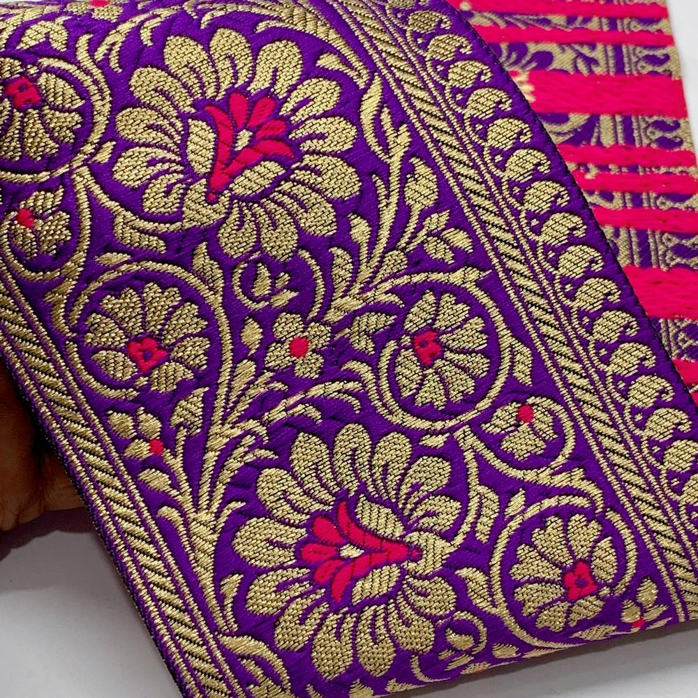 100mm Designer Foral Banarasi Lace, shown on white cotton