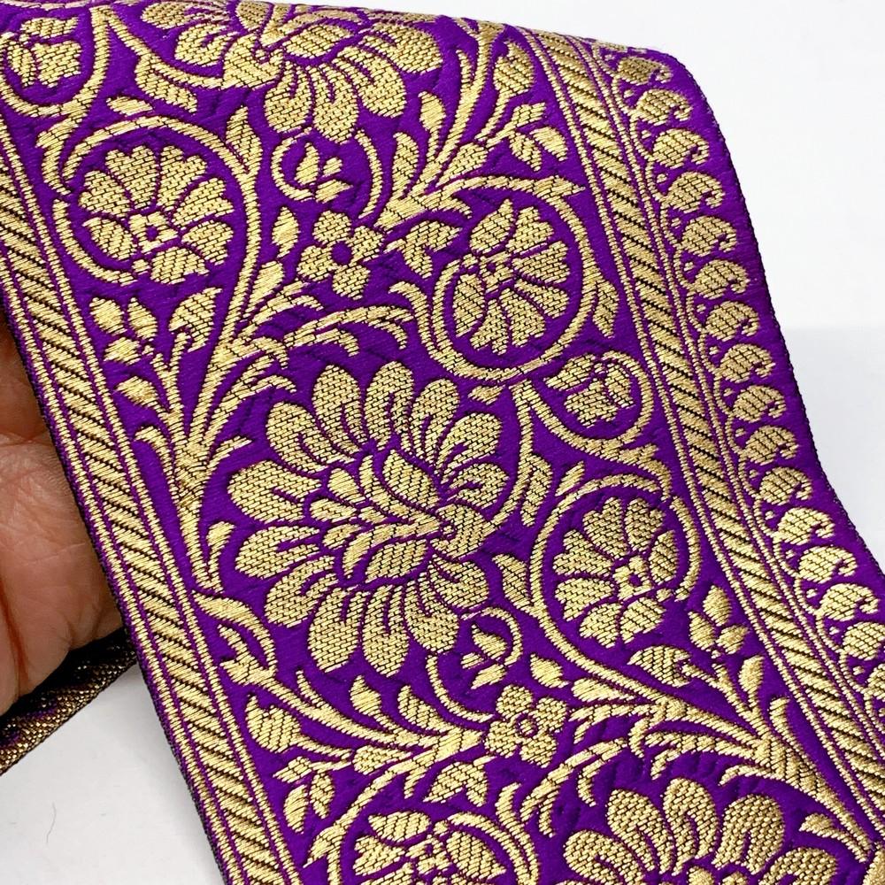 100mm Designer Foral Golden Banarasi Lace, shown on white cotton