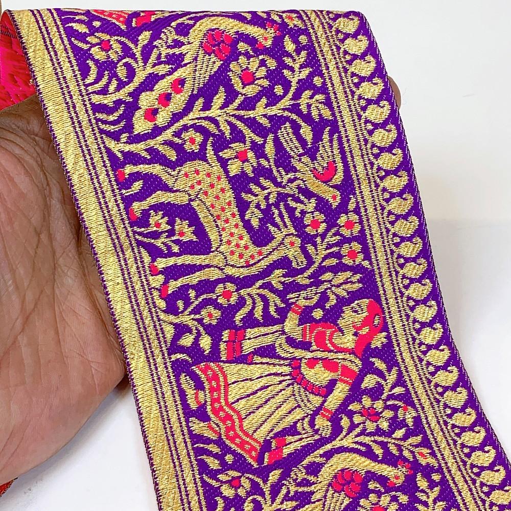 95mm Designer Golden Zari Banarasi Jacquard Lace, shown on white cotton