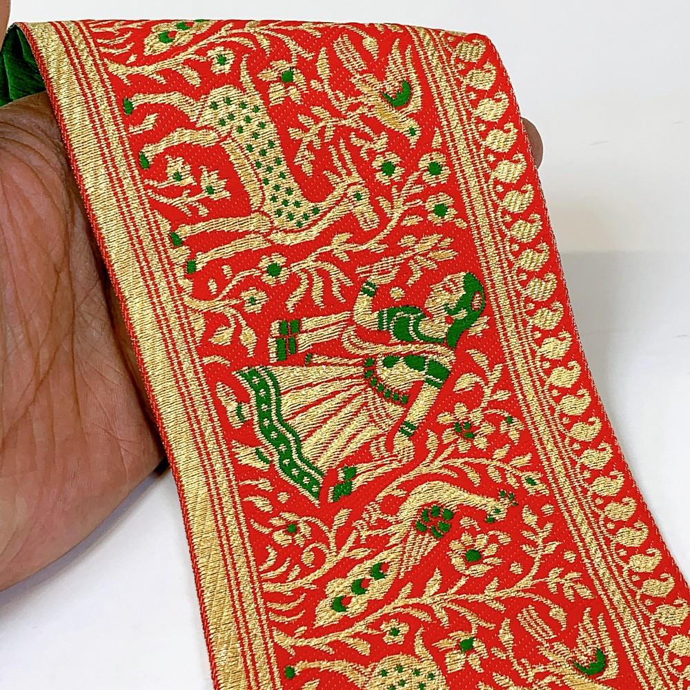 95mm Designer Golden Zari Banarasi Jacquard Lace, shown on white cotton