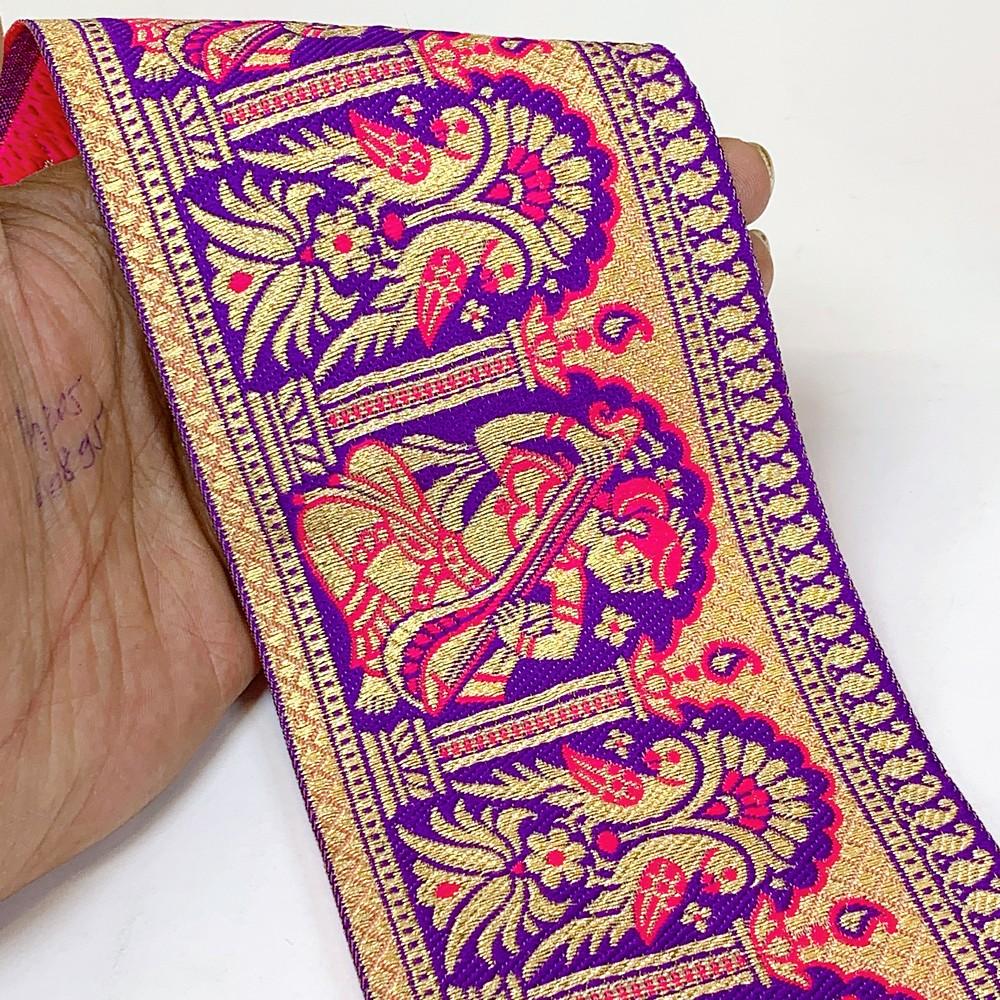 95mm Designer Golden Zari Banarasi Jacquard Lace, shown on white cotton