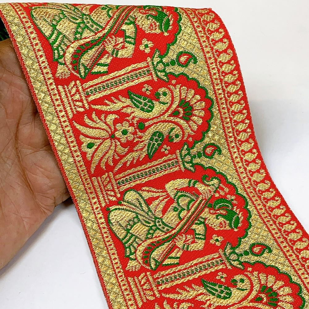 95mm Designer Golden Zari Banarasi Jacquard Lace, shown on white cotton