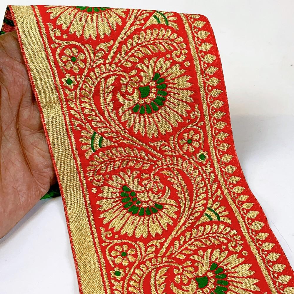 95mm Designer Golden Zari Banarasi Jacquard Lace, shown on white cotton