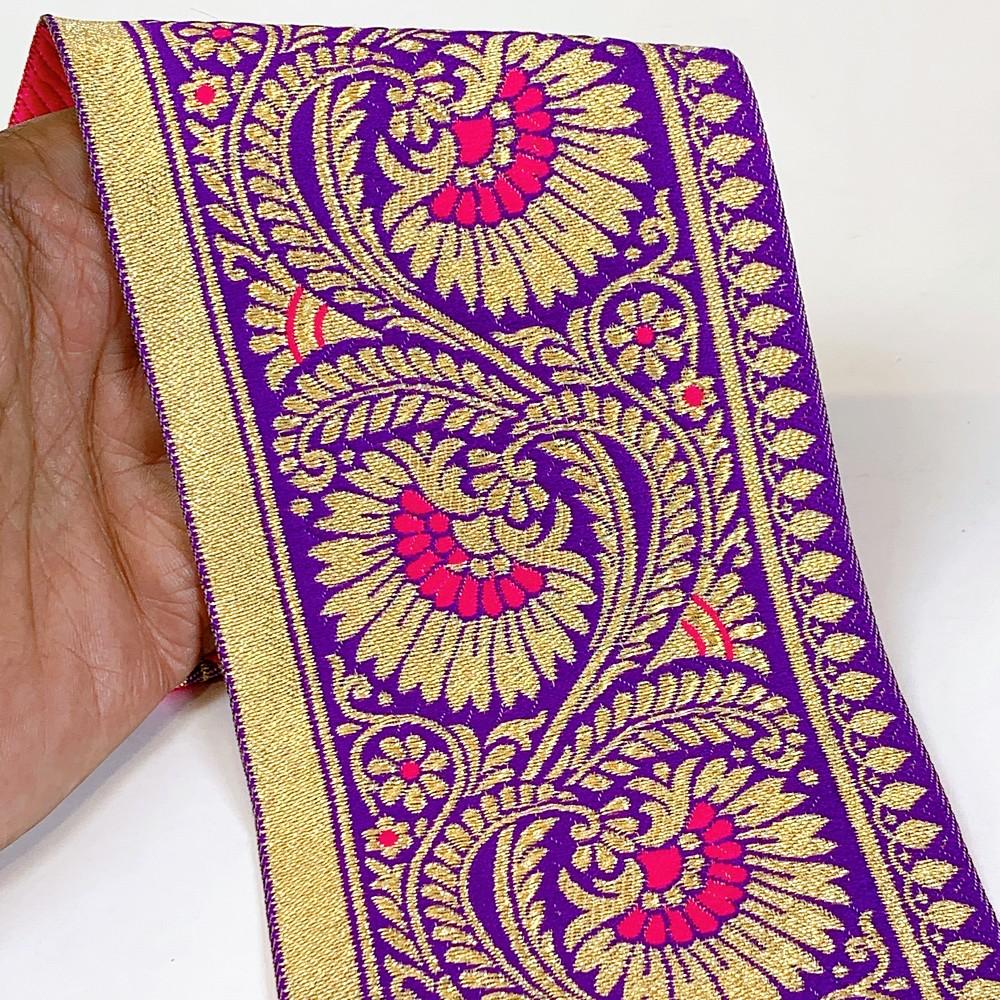 95mm Designer Golden Zari Banarasi Jacquard Lace, shown on white cotton