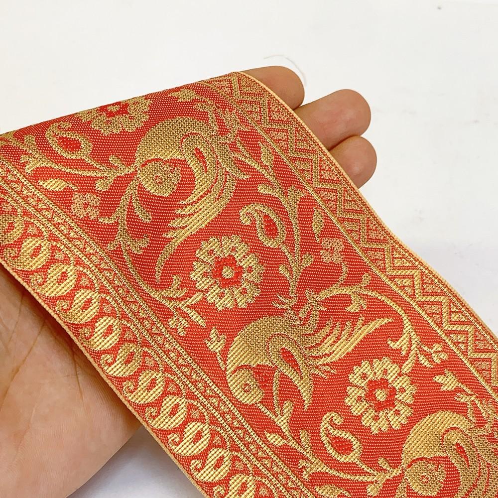 95mm Designer Golden Zari Banarasi Jacquard Lace, shown on white cotton