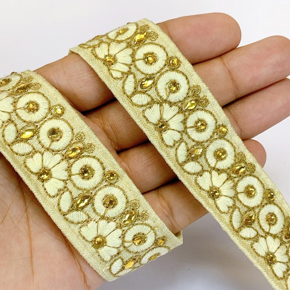 30mm Designer Embroidery Lace With Stone Work, shown on white cotton