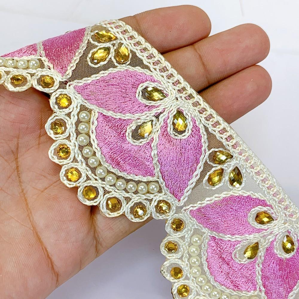 55mm Designer Cutwork Embroidery Lace With Stone Work, shown on white cotton