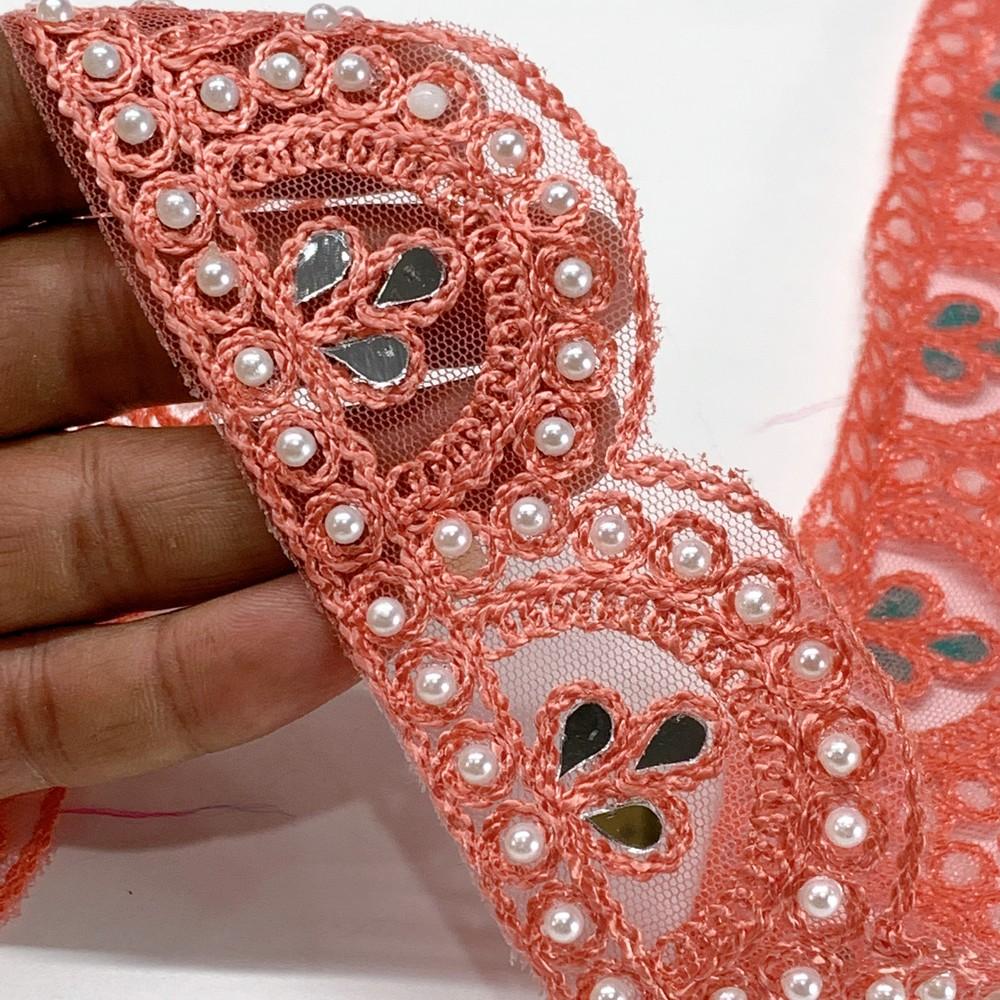 46 mm Designer Cutwork Embroidery Lace With Stone Work, shown on white cotton