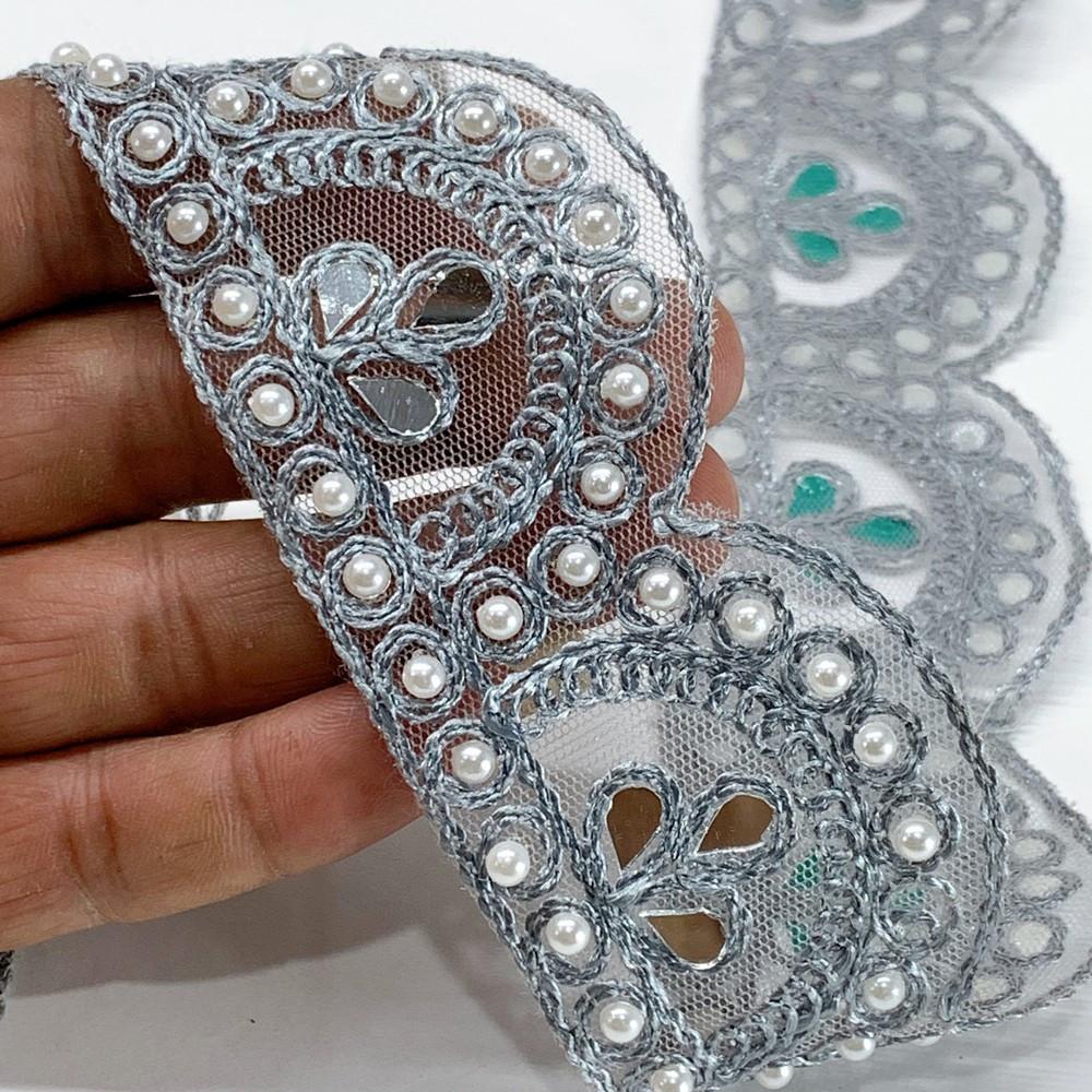 46 mm Designer Cutwork Embroidery Lace With Stone Work, shown on white cotton