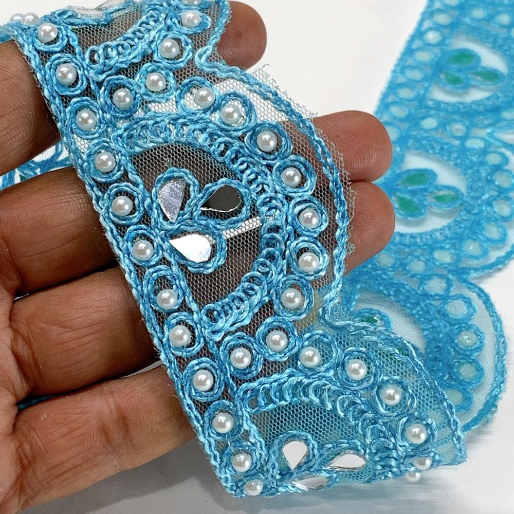 46 mm Designer Cutwork Embroidery Lace With Stone Work, shown on white cotton