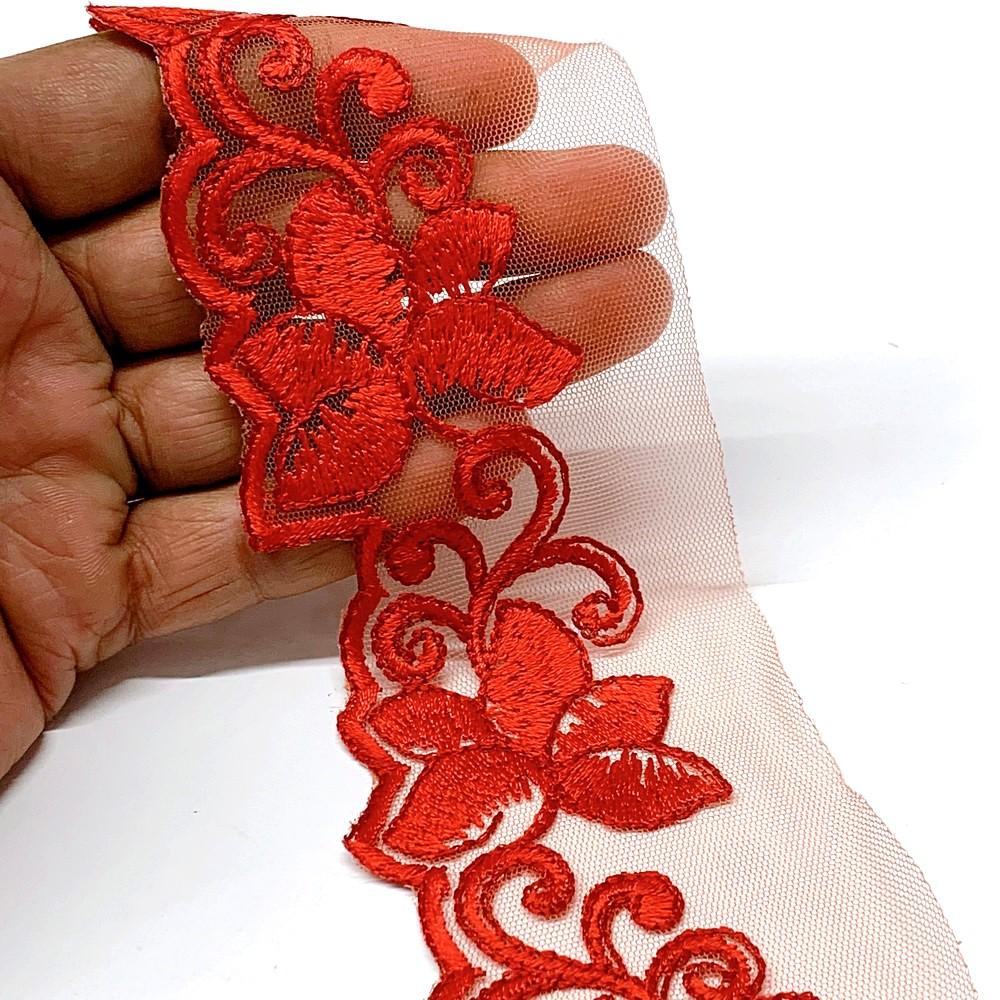 48 mm Designer Cutwork Embroidery Lace, shown on white cotton