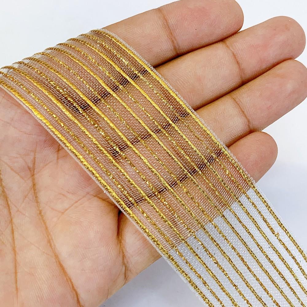38 mm Sheer Ribbon with 5 line Glitter Shiny Metallic Thread, shown on white cotton