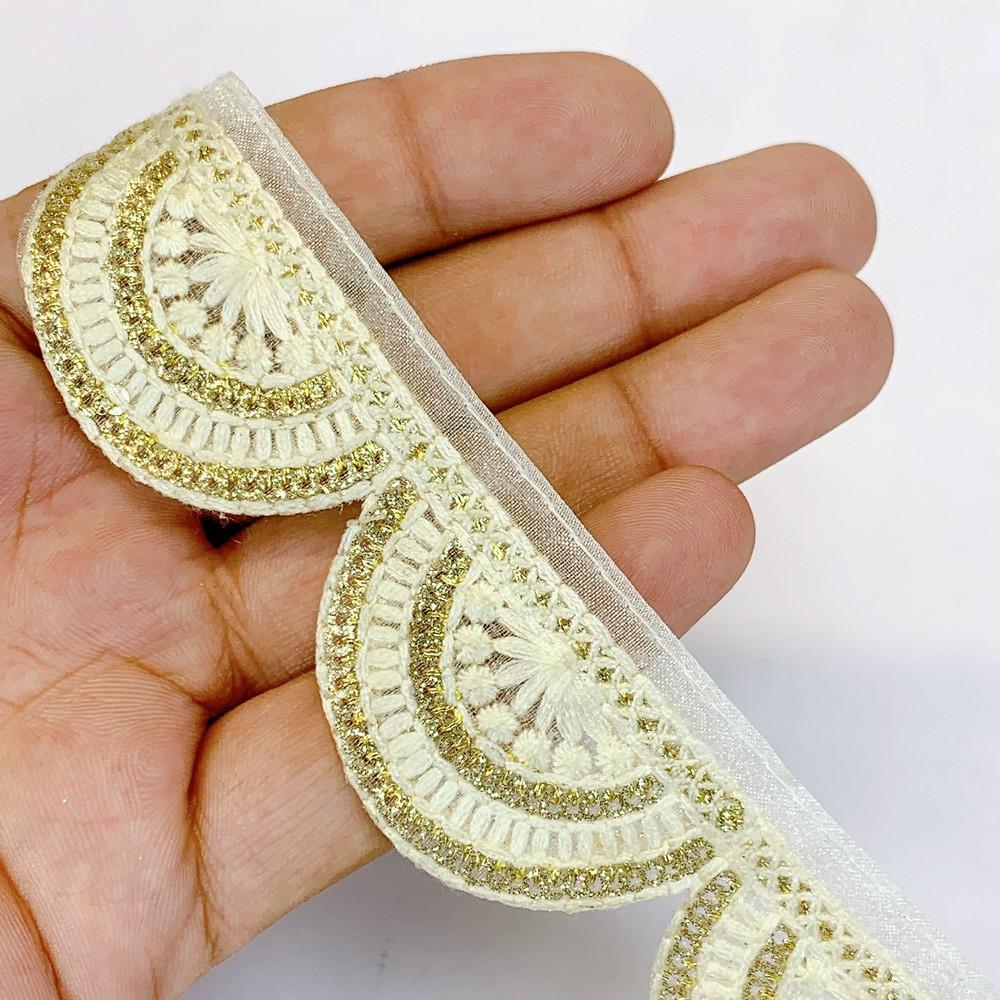 30mm Designer Embroidery Cutwork Lace With Sequin Work, shown on white cotton