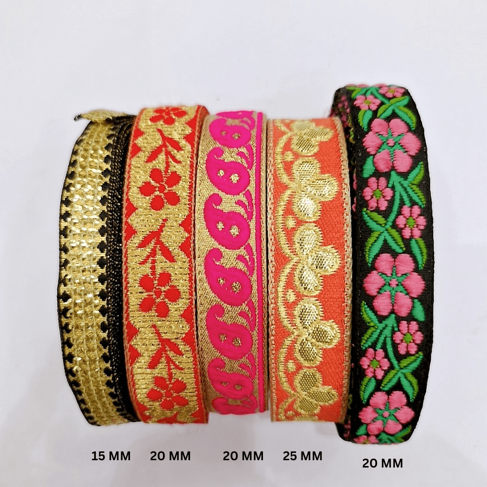 Assorted Vintage Jacquard Ribbons (PACK OF 5), shown on white cotton
