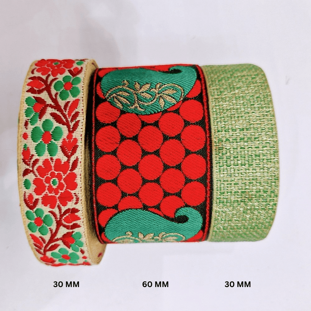 Assorted Vintage Jacquard Ribbons (PACK OF 3), shown on white cotton