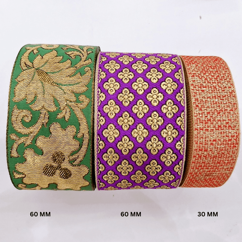 Assorted Vintage Jacquard Ribbons (PACK OF 3), shown on white cotton