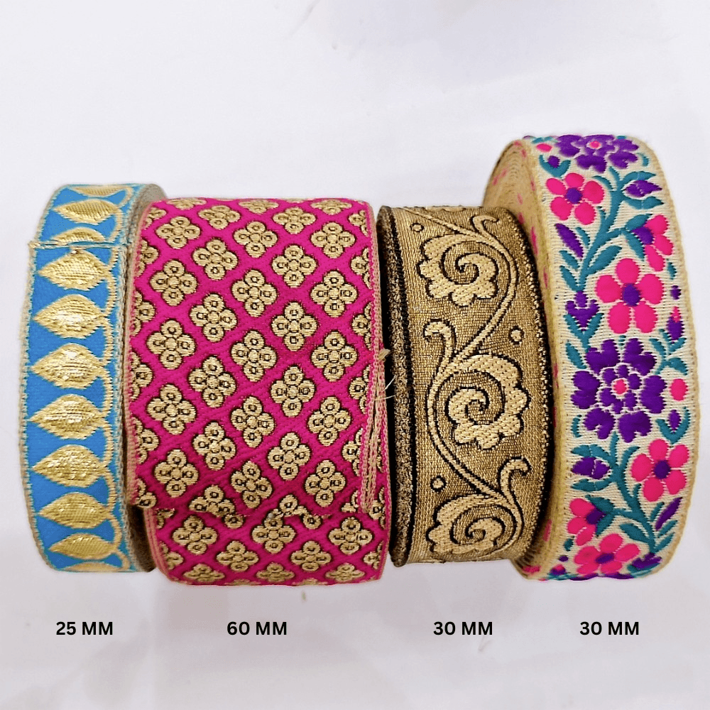 Assorted Vintage Jacquard Ribbons (PACK OF 4), shown on white cotton