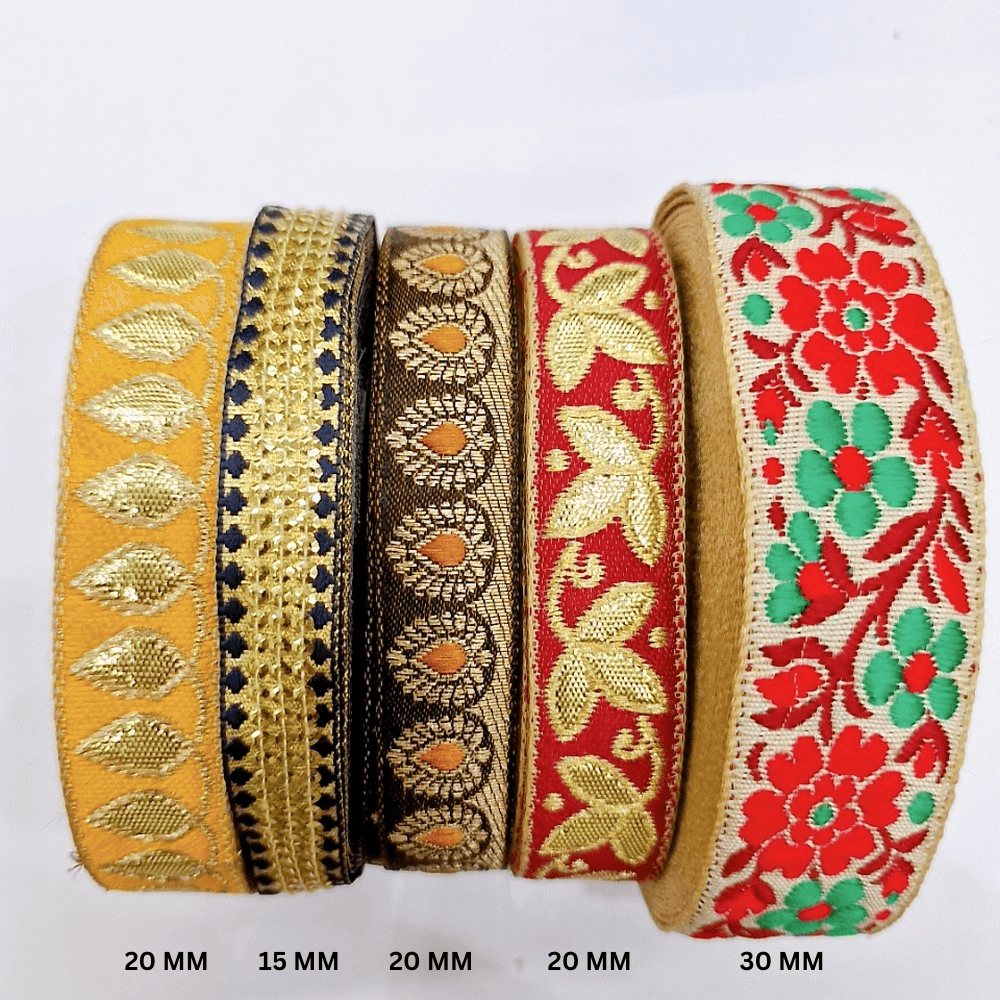 Assorted Vintage Jacquard Ribbons (PACK OF 5), shown on white cotton