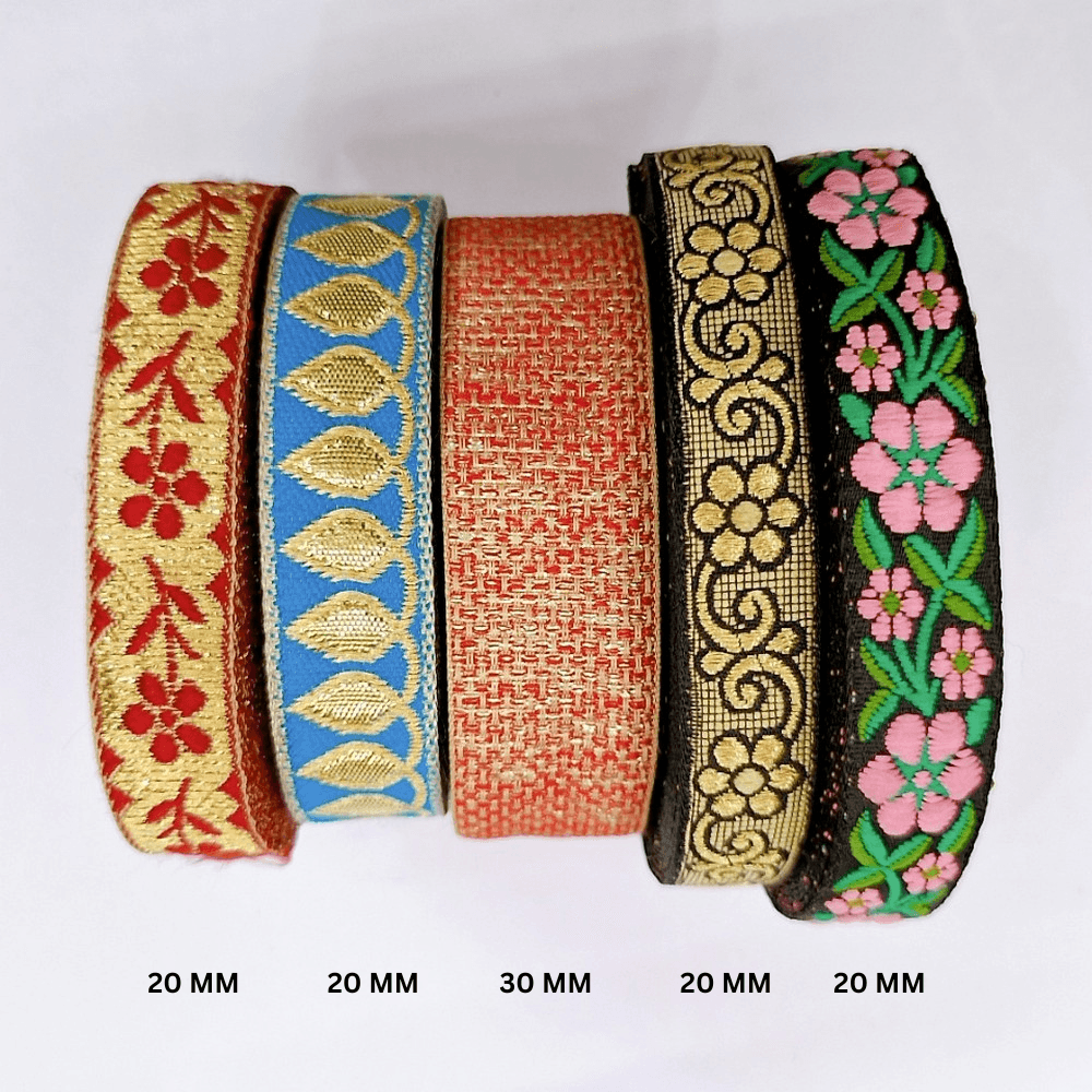 Assorted Vintage Jacquard Ribbons (PACK OF 5), shown on white cotton