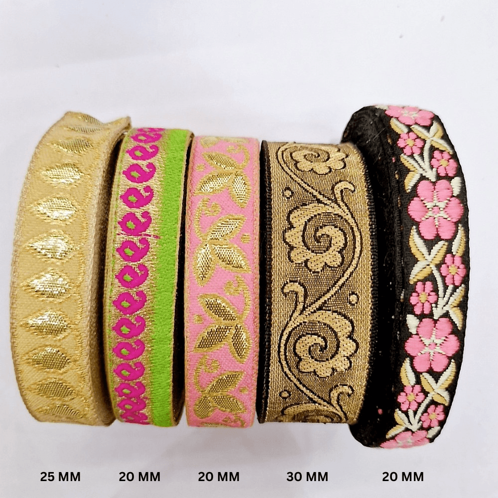 Assorted Vintage Jacquard Ribbons (PACK OF 5), shown on white cotton