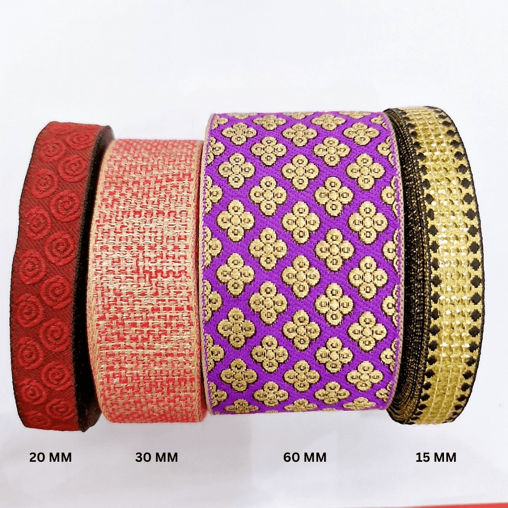 Assorted Vintage Jacquard Ribbons (PACK OF 4), shown on white cotton