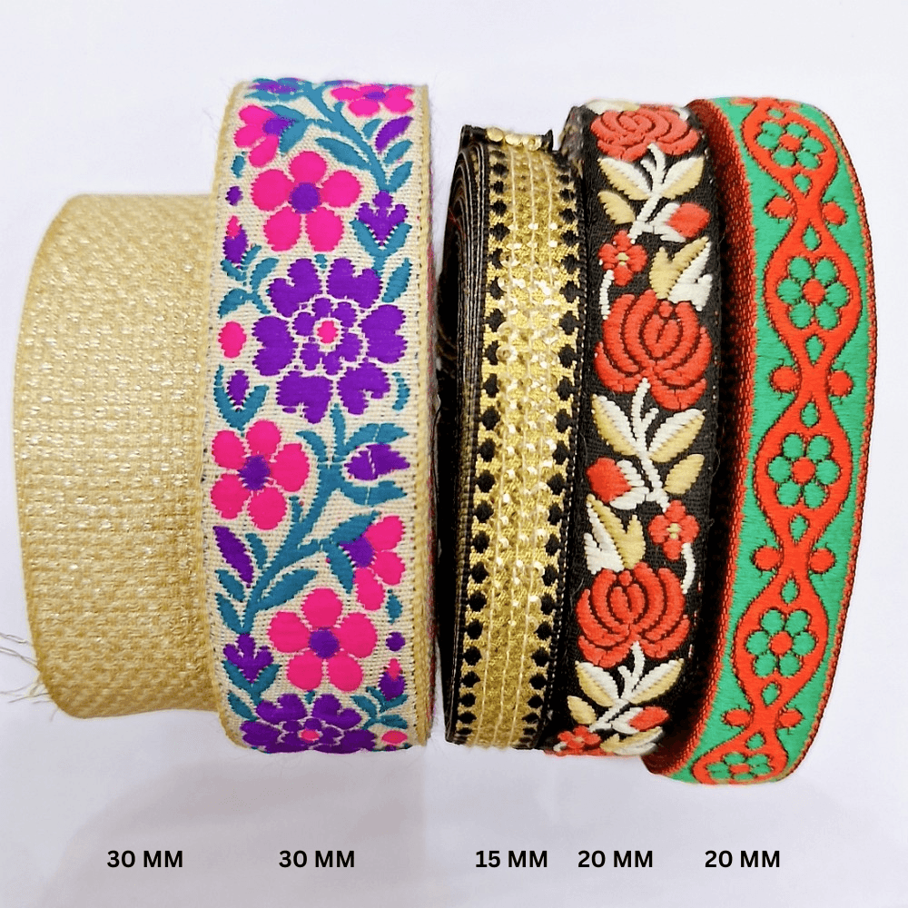 Assorted Vintage Jacquard Ribbons (PACK OF 5), shown on white cotton