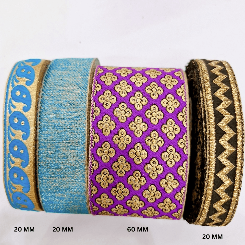 Assorted Vintage Jacquard Ribbons (PACK OF 4), shown on white cotton