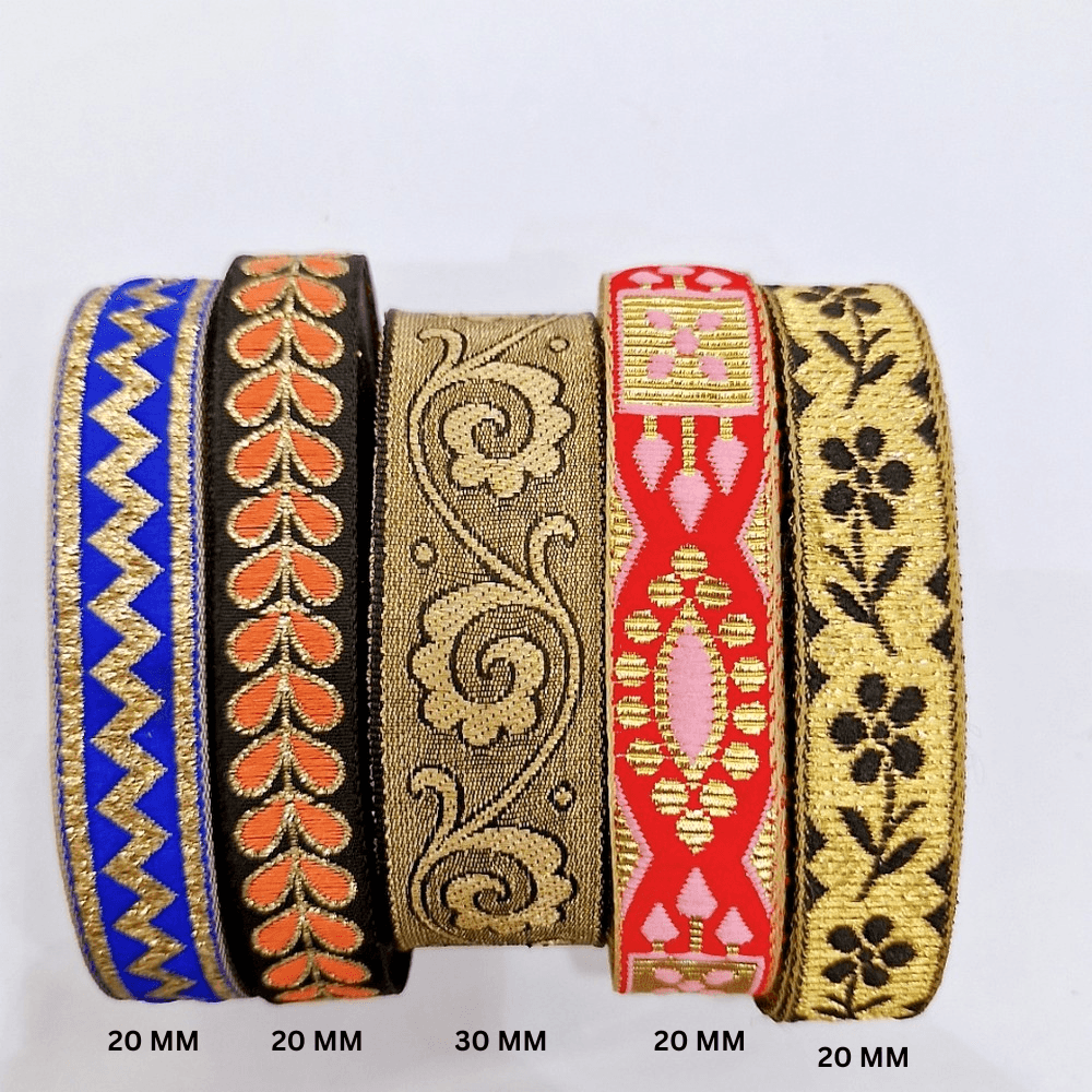 Assorted Vintage Jacquard Ribbons (PACK OF 5), shown on white cotton