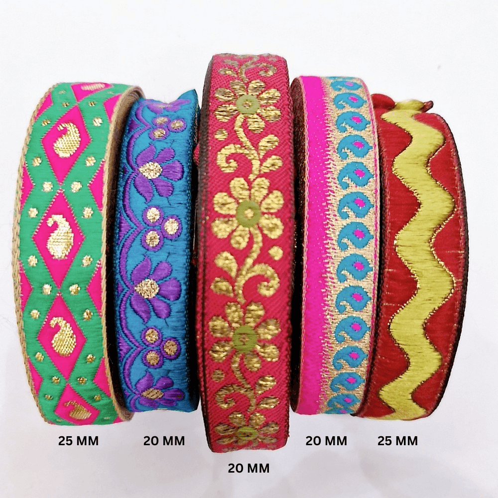 Assorted Vintage Jacquard Ribbons (PACK OF 5), shown on white cotton