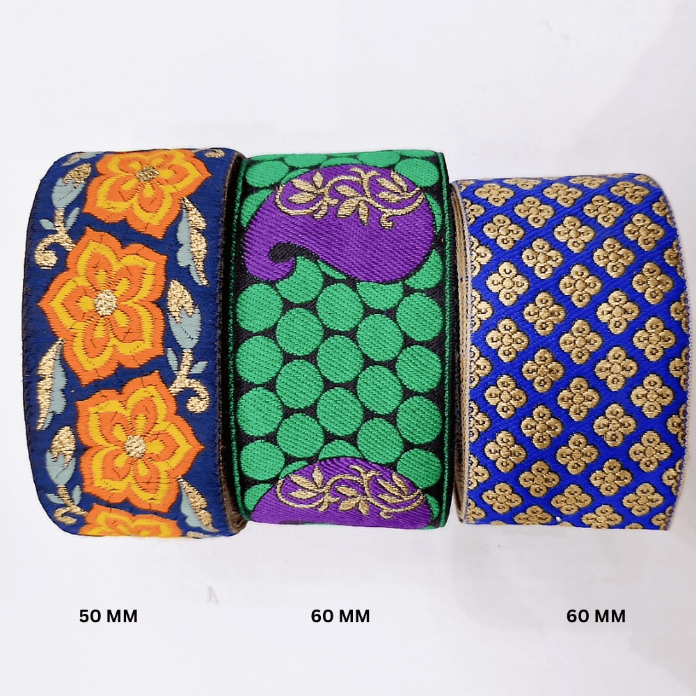 Assorted Vintage Jacquard Ribbons (PACK OF 3), shown on white cotton