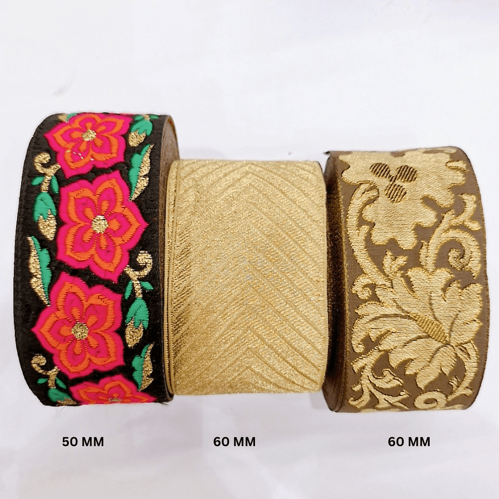 Assorted Vintage Jacquard Ribbons (PACK OF 3), shown on white cotton