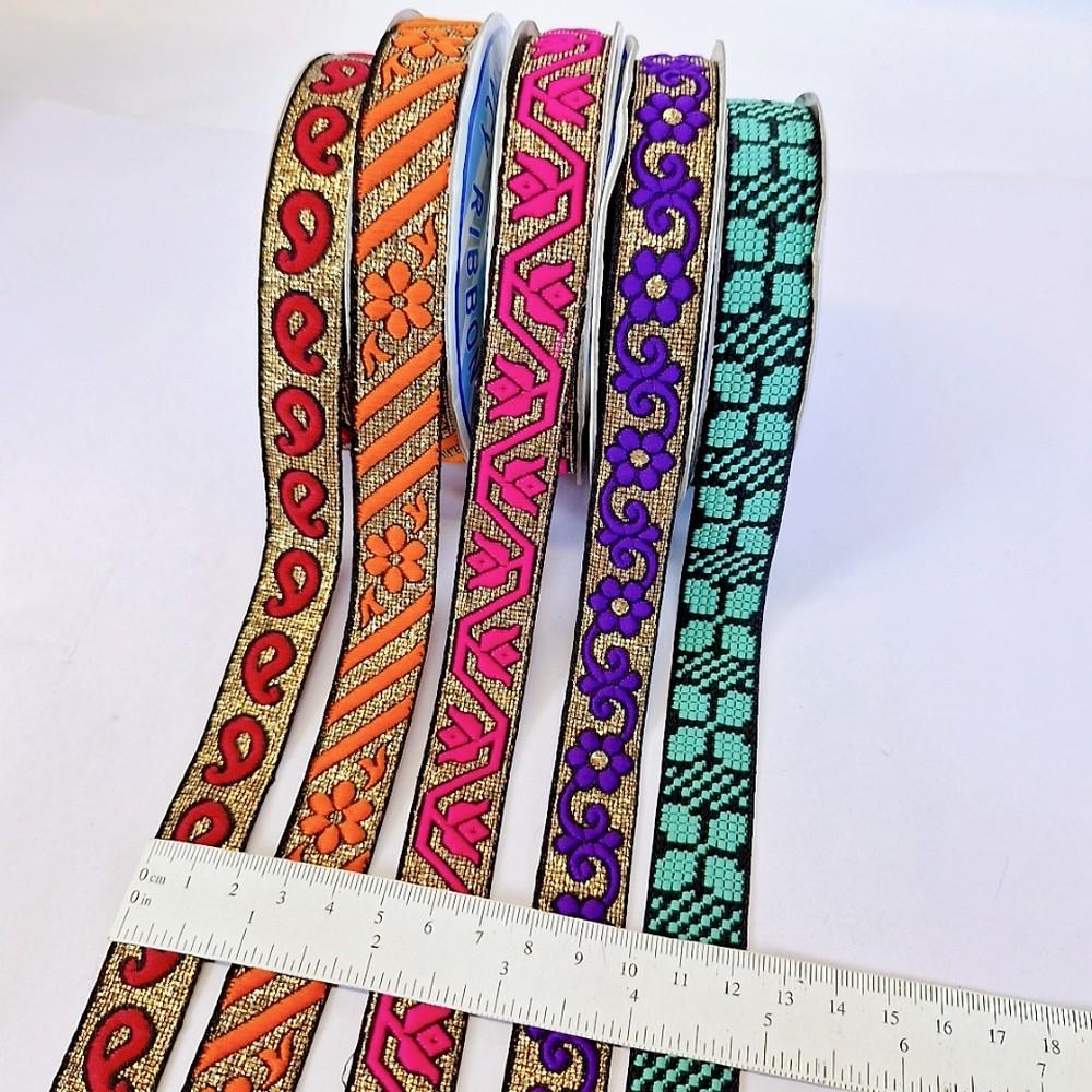 Assorted Vintage Jacquard Ribbons (PACK OF 5), shown on white cotton