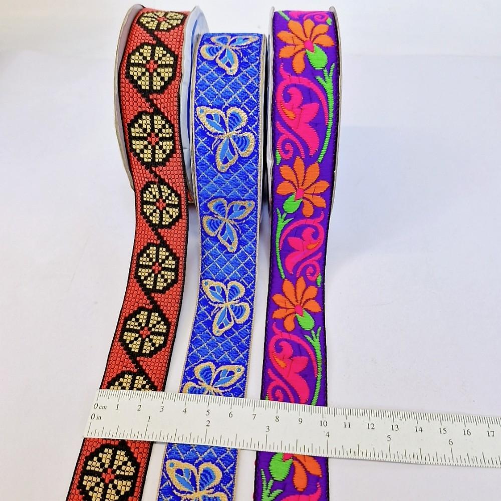 Assorted Vintage Jacquard Ribbons (PACK OF 3), shown on white cotton