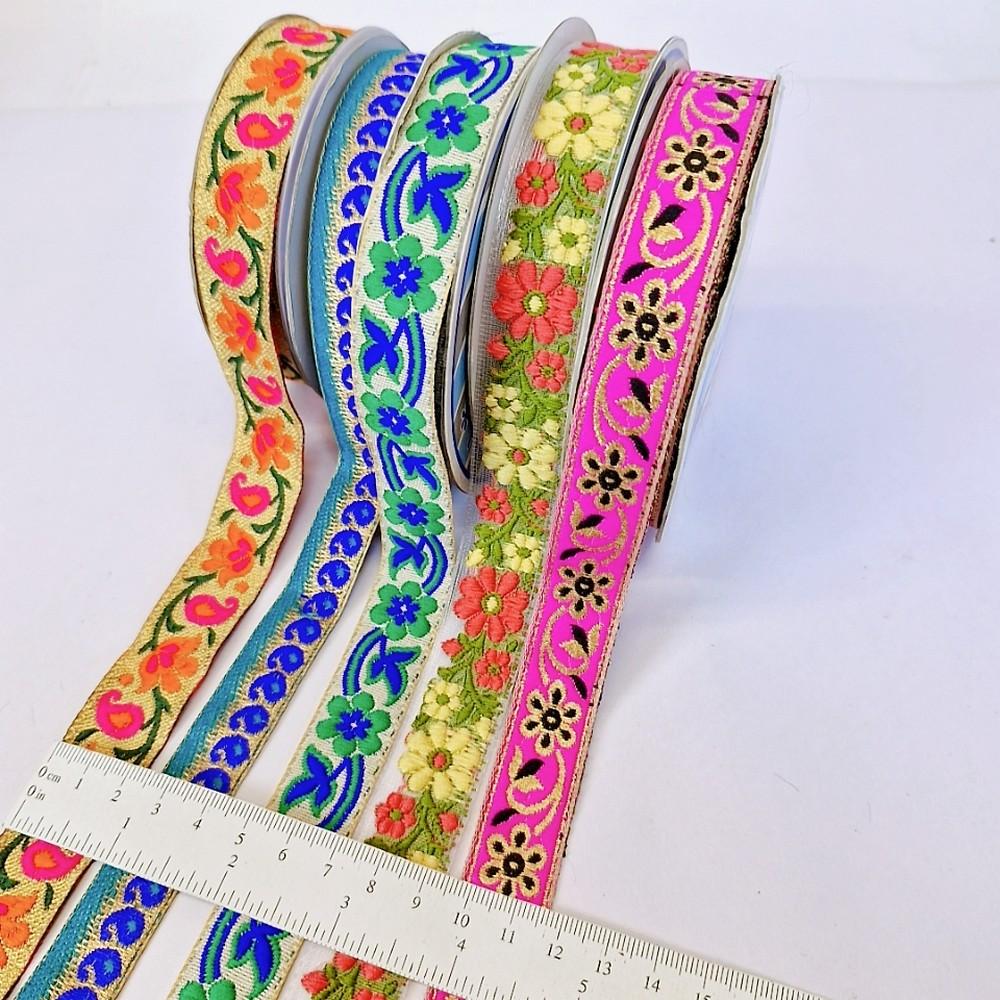 Assorted Vintage Jacquard Ribbons (PACK OF 5), shown on white cotton