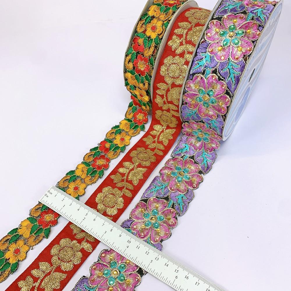 Assorted Vintage Embroidery Ribbons (PACK OF 3), shown on white cotton