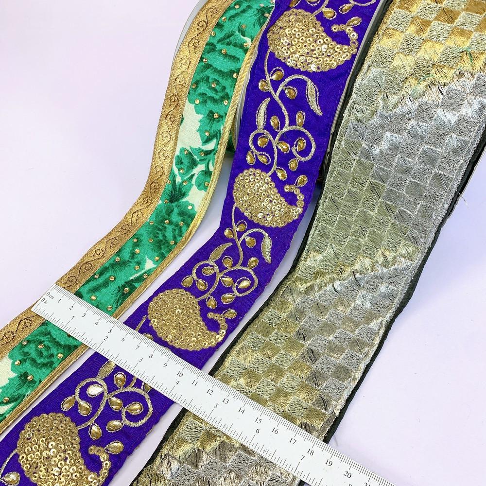 Assorted Vintage Embroidery Ribbons (PACK OF 3), shown on white cotton