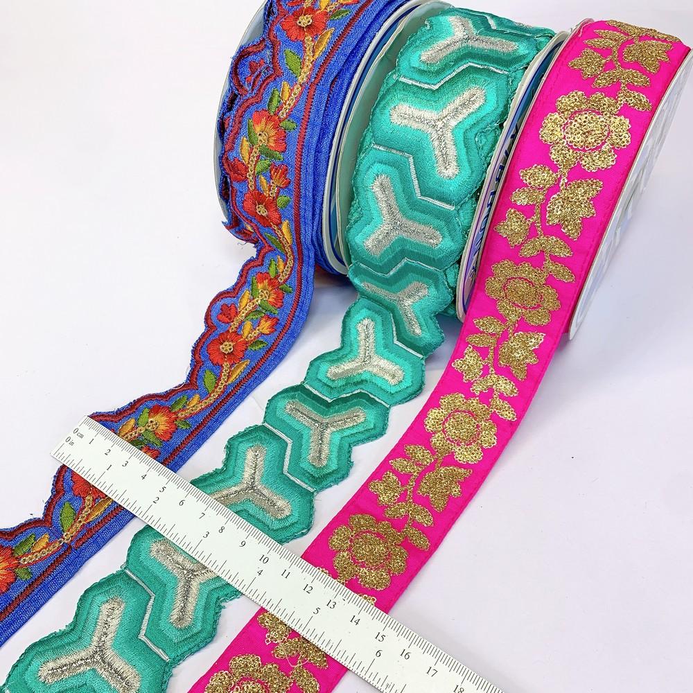 Assorted Vintage Embroidery Ribbons (PACK OF 3), shown on white cotton