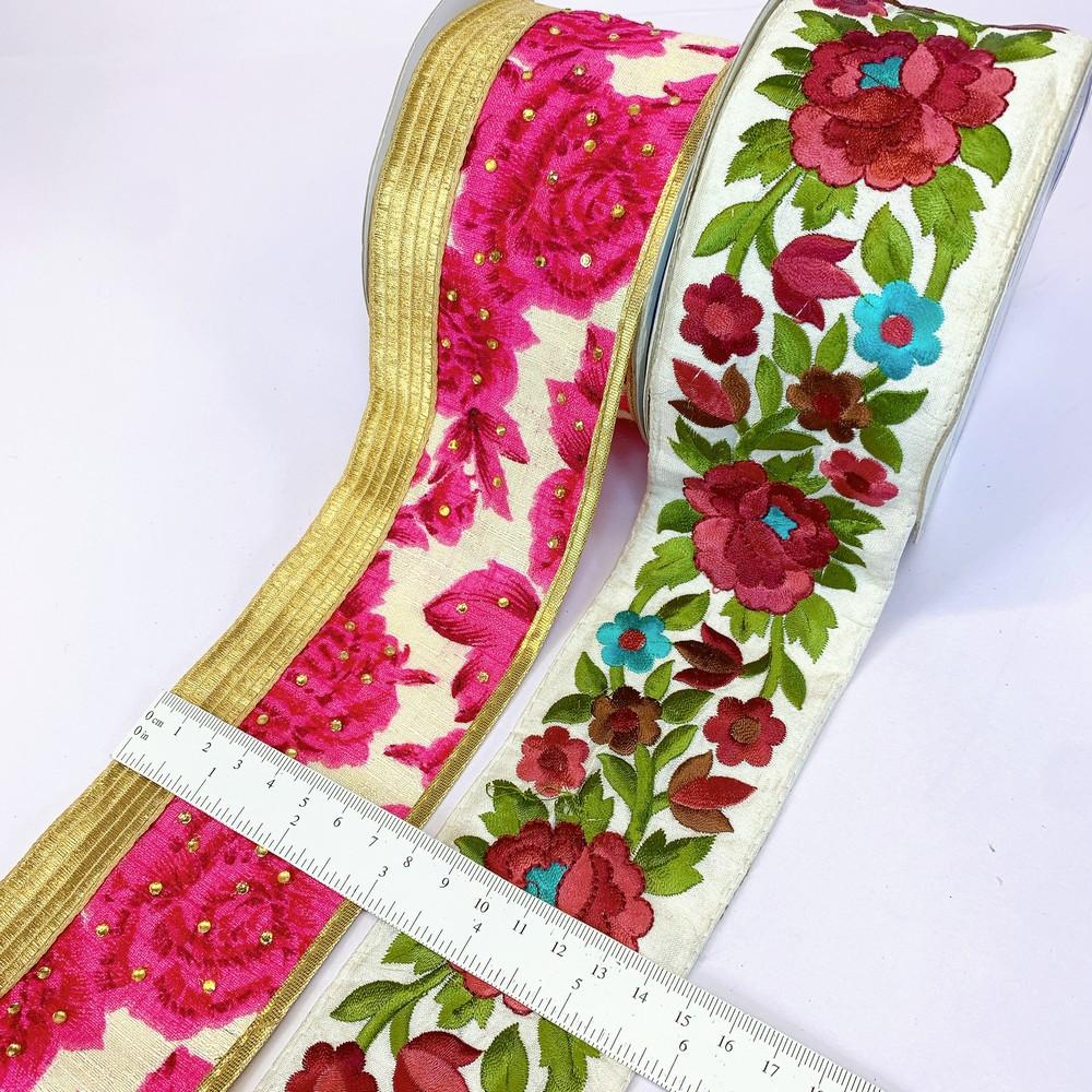 Assorted Vintage Embroidery Ribbons (PACK OF 2), shown on white cotton