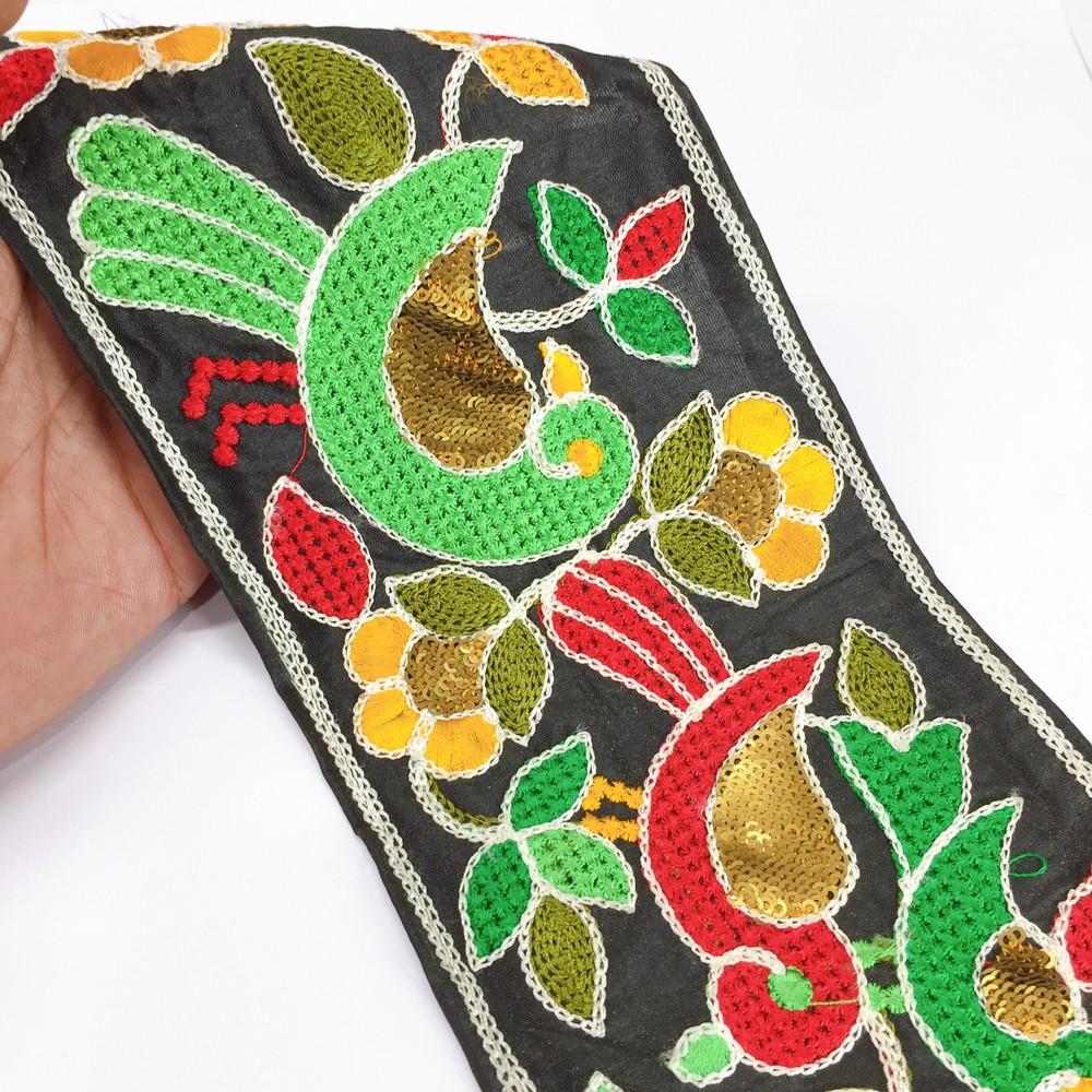 Lami 115mm Crossstitch Sparrow Design Embroidery Lace with Sequins Work, shown on white cotton