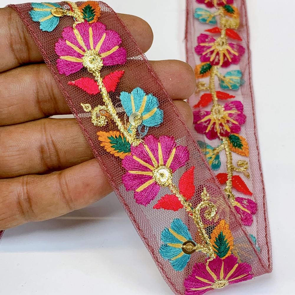 Lami 32 mm Designer Colorful Parsi Embroidery Lace, shown on white cotton