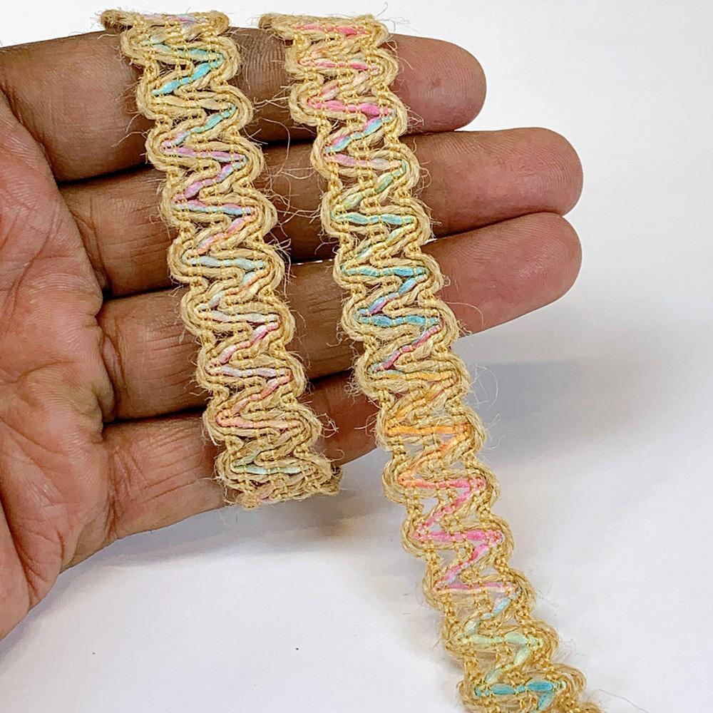Lami 17 mm Designer Colorful Natural Jute Crochet Trims, shown on white cotton
