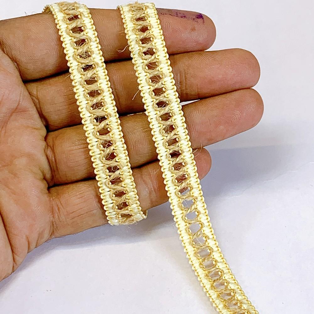 Lami 12 mm Designer Colorful Natural Jute Crochet Trims, shown on white cotton