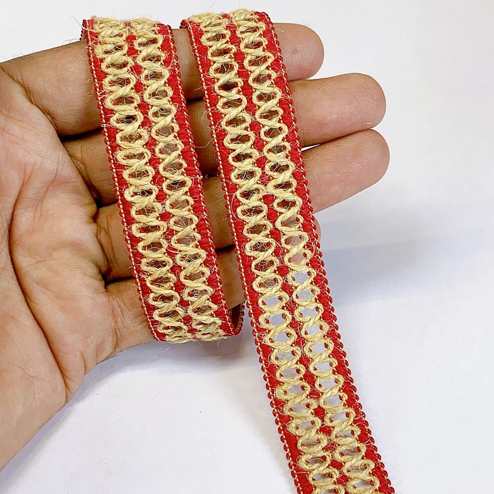 Lami 20mm Designer Colorful Natural Jute Crochet Trims, shown on white cotton