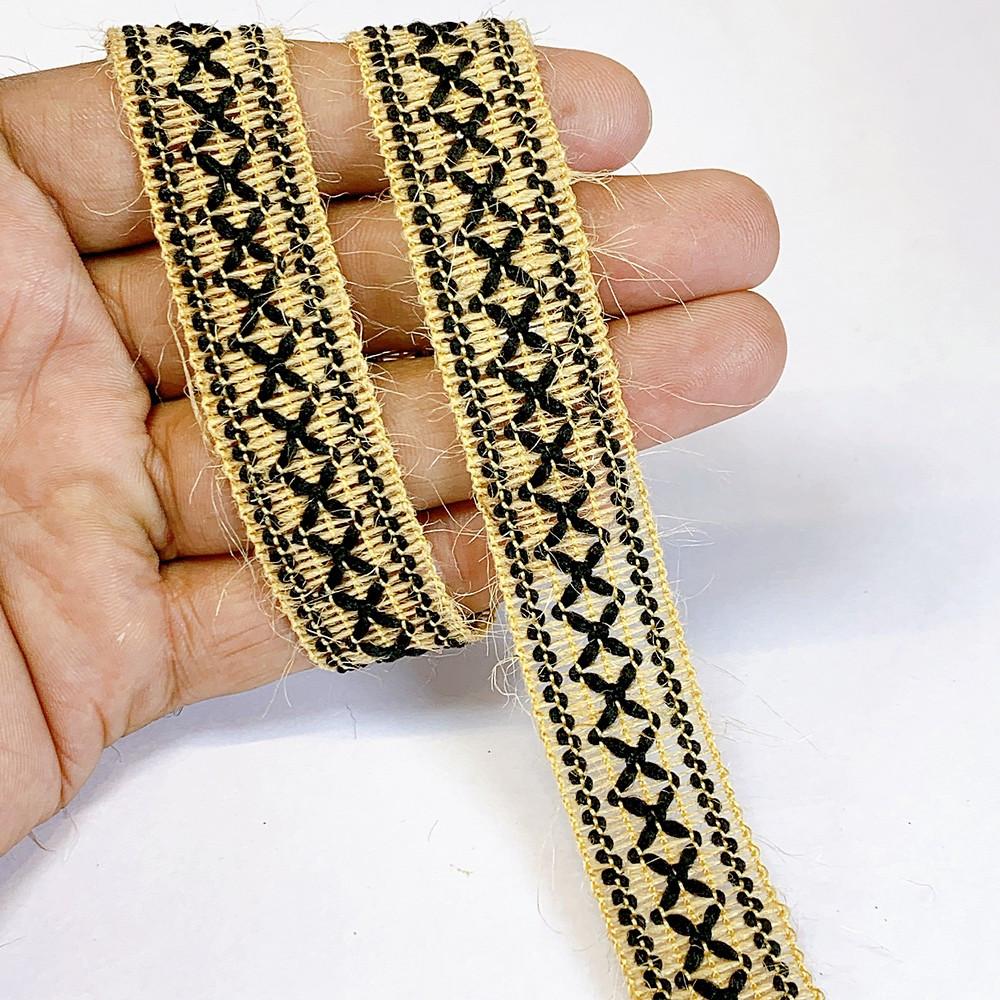 Lami 20mm Designer Colorful Natural Jute Crochet Trims, shown on white cotton