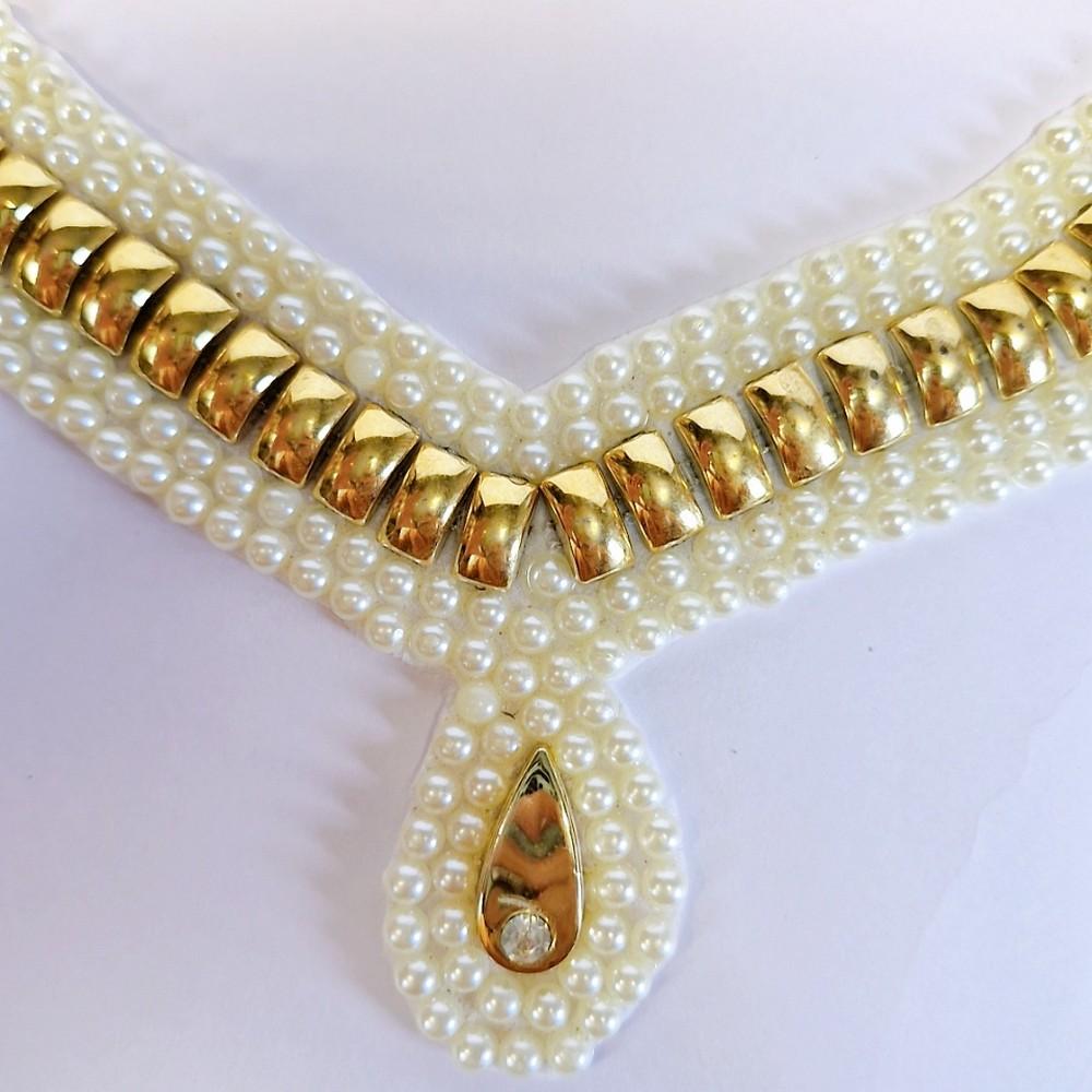 Lami 22 X 24 cm Designer Pearl and Beaded Neckline Patches, shown on white cotton